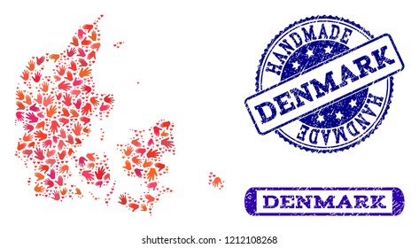Handmade craft collage of mosaic map of Denmark and rubber seals. Mosaic map of Denmark constructed with red hands. Vector blue watermarks with scratched rubber texture.
