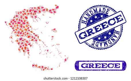 Handmade craft collage of mosaic map of Greece and corroded stamps. Mosaic map of Greece constructed with red hands. Vector blue seals with corroded rubber texture. Flat design for hand made purposes.