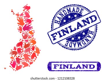 Handmade craft collage of mosaic map of Finland and rubber seals. Mosaic map of Finland designed with red hands. Vector blue seals with grunge rubber texture. Flat design for hand made templates.