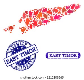 Handmade craft collage of mosaic map of East Timor and rubber seal stamps. Mosaic map of East Timor designed with red hands. Vector blue imprints with retro rubber texture.