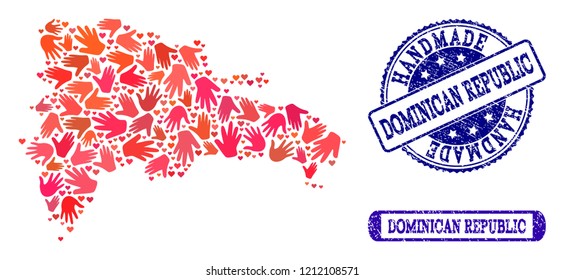 Handmade craft collage of mosaic map of Dominican Republic and scratched stamps. Mosaic map of Dominican Republic constructed with red hands. Vector blue watermarks with scratched rubber texture.