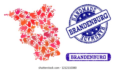 Handmade craft collage of mosaic map of Brandenburg State and grunge seals. Mosaic map of Brandenburg State constructed with red hands. Vector blue seals with corroded rubber texture.