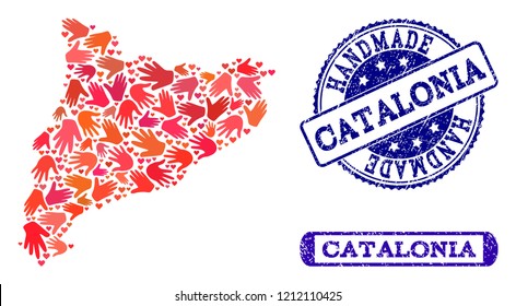Handmade craft collage of mosaic map of Catalonia and unclean stamps. Mosaic map of Catalonia designed with red hands. Vector blue watermarks with unclean rubber texture.