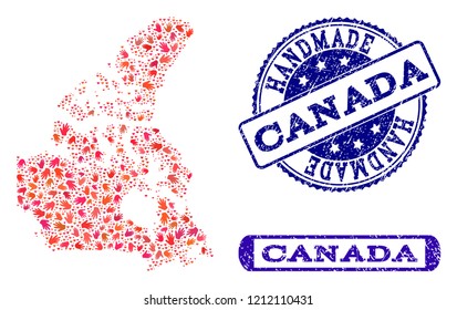 Handmade craft collage of mosaic map of Canada and corroded seal stamps. Mosaic map of Canada constructed with red hands. Vector blue imprints with corroded rubber texture.