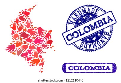 Handmade craft collage of mosaic map of Colombia and rubber seals. Mosaic map of Colombia constructed with red hands. Vector blue seals with distress rubber texture.