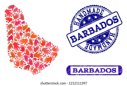 Handmade craft collage of mosaic map of Barbados and rubber stamps. Mosaic map of Barbados designed with red hands. Vector blue seals with grunge rubber texture. Flat design for hand made templates.