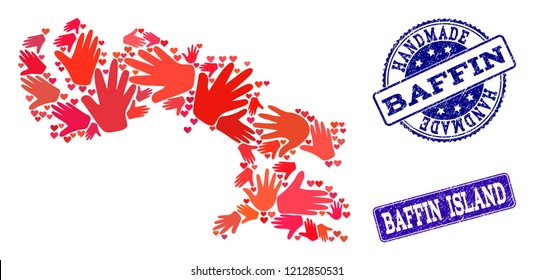 Handmade craft collage of mosaic map of Baffin Island and unclean seals. Mosaic map of Baffin Island designed with red hands. Vector blue seals with corroded rubber texture.