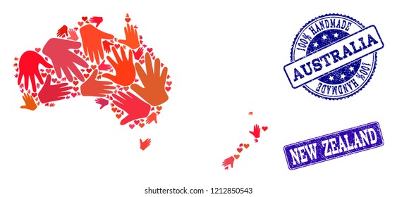 Handmade craft collage of mosaic map of Australia and New Zealand and grunge stamps. Mosaic map of Australia and New Zealand constructed with red hands. Vector blue seals with grunge rubber texture.