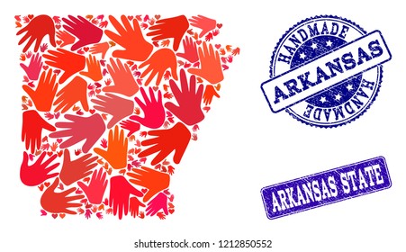 Handmade craft collage of mosaic map of Arkansas State and rubber stamps. Mosaic map of Arkansas State constructed with red hands. Vector blue seals with scratched rubber texture.