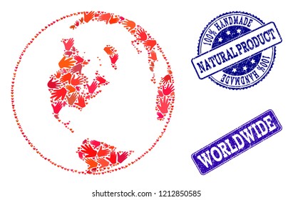 Combinación artesanal de mosaicos de mapa global de sellos mundiales y de caucho. Mapa global mosaico del mundo diseñado con manos rojas. Sellos azules vectoriales con textura de goma corroída.