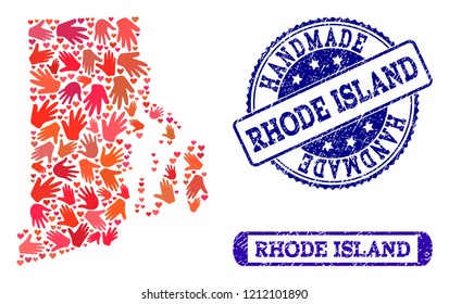 Handmade craft combination of mosaic map of Rhode Island State and corroded seals. Mosaic map of Rhode Island State constructed with red hands. Vector blue seals with corroded rubber texture.