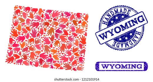 Handmade craft combination of mosaic map of Wyoming State and textured seals. Mosaic map of Wyoming State designed with red hands. Vector blue seals with corroded rubber texture.