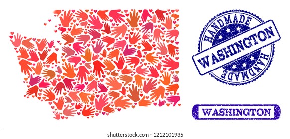 Handmade craft combination of mosaic map of Washington State and rubber seals. Mosaic map of Washington State designed with red hands. Vector blue seals with retro rubber texture.
