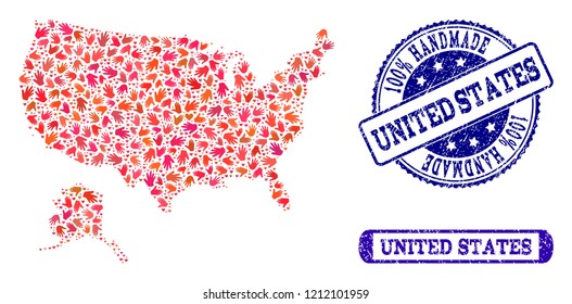 Handmade craft combination of mosaic map of USA and Alaska and grunge seals. Mosaic map of USA and Alaska designed with red hands. Vector blue seals with retro rubber texture.