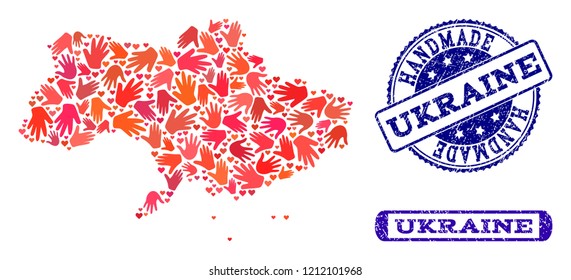 Handmade craft combination of mosaic map of Ukraine and scratched seals. Mosaic map of Ukraine designed with red hands. Vector blue seals with scratched rubber texture.