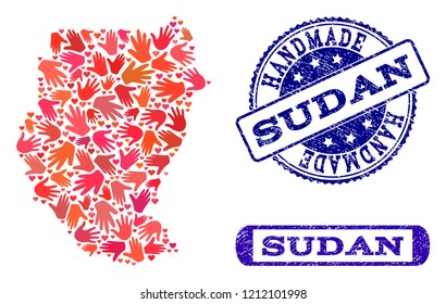 Handmade craft combination of mosaic map of Sudan and rubber stamps. Mosaic map of Sudan constructed with red hands. Vector blue watermarks with grunge rubber texture.