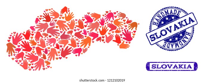 Handmade craft combination of mosaic map of Slovakia and unclean stamps. Mosaic map of Slovakia constructed with red hands. Vector blue seals with unclean rubber texture.