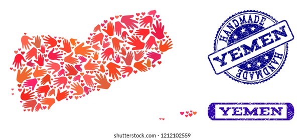 Handmade craft combination of mosaic map of Yemen and unclean seal stamps. Mosaic map of Yemen constructed with red hands. Vector blue watermarks with unclean rubber texture.