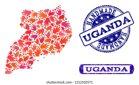Handmade craft combination of mosaic map of Uganda and grunge seals. Mosaic map of Uganda constructed with red hands. Vector blue seals with grunge rubber texture. Flat design for hand made posters.