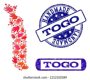 Handmade craft combination of mosaic map of Togo and rubber seals. Mosaic map of Togo constructed with red hands. Vector blue seals with scratched rubber texture.