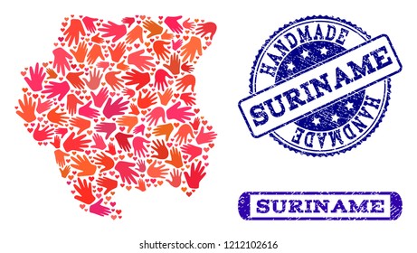 Handmade craft combination of mosaic map of Suriname and rubber seal stamps. Mosaic map of Suriname designed with red hands. Vector blue seals with distress rubber texture.