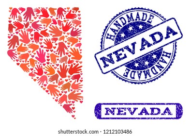 Handmade craft combination of mosaic map of Nevada State and rubber seals. Mosaic map of Nevada State designed with red hands. Vector blue imprints with grunge rubber texture.