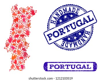 Handmade craft combination of mosaic map of Portugal and corroded seals. Mosaic map of Portugal constructed with red hands. Vector blue seals with corroded rubber texture.