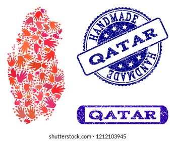 Handmade craft combination of mosaic map of Qatar and rubber seal stamps. Mosaic map of Qatar designed with red hands. Vector blue imprints with distress rubber texture.