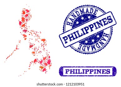 Handmade craft combination of mosaic map of Philippines and rubber stamps. Mosaic map of Philippines constructed with red hands. Vector blue watermarks with retro rubber texture.