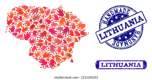 Handmade craft combination of mosaic map of Lithuania and dirty seals. Mosaic map of Lithuania constructed with red hands. Vector blue seals with scratched rubber texture.