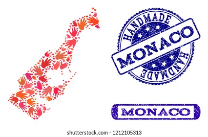 Handmade craft combination of mosaic map of Monaco and rubber seals. Mosaic map of Monaco constructed with red hands. Vector blue seals with retro rubber texture. Flat design for hand made purposes.