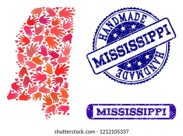 Handmade craft combination of mosaic map of Mississippi State and grunge seals. Mosaic map of Mississippi State designed with red hands. Vector blue seals with grunge rubber texture.