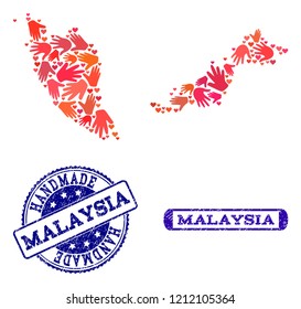 Handmade craft combination of mosaic map of Malaysia and rubber seals. Mosaic map of Malaysia constructed with red hands. Vector blue seals with unclean rubber texture.