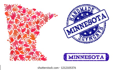 Artesanía hecha a mano combinación de mosaico mapa del estado de Minnesota y sellos de goma. Mapa en mosaico del estado de Minnesota construido con manos rojas. Marcas de agua de color azul Vector con textura de caucho retro.