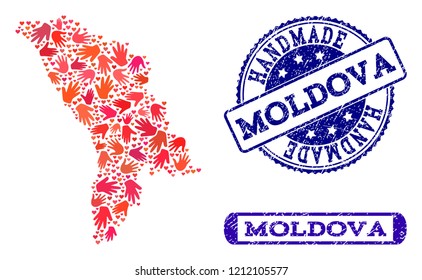 Handmade craft combination of mosaic map of Moldova and rubber stamps. Mosaic map of Moldova constructed with red hands. Vector blue seals with scratched rubber texture.