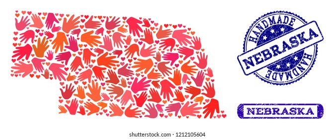 Handmade craft combination of mosaic map of Nebraska State and rubber seal stamps. Mosaic map of Nebraska State constructed with red hands. Vector blue watermarks with unclean rubber texture.