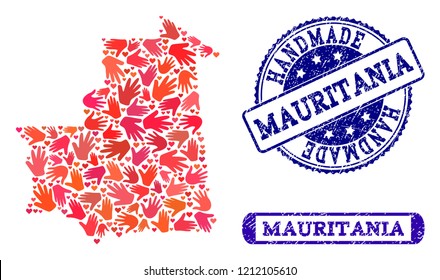 Handmade craft combination of mosaic map of Mauritania and unclean seals. Mosaic map of Mauritania constructed with red hands. Vector blue imprints with unclean rubber texture.