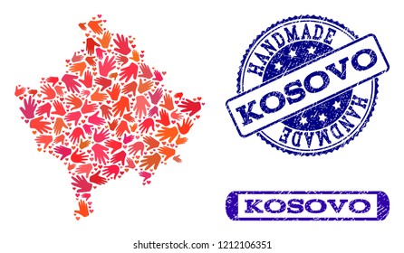 Handmade craft combination of mosaic map of Kosovo and dirty seals. Mosaic map of Kosovo designed with red hands. Vector blue seals with unclean rubber texture.