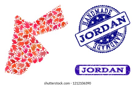 Handmade craft combination of mosaic map of Jordan and dirty seals. Mosaic map of Jordan constructed with red hands. Vector blue seals with retro rubber texture.