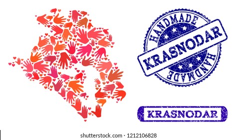 Handmade craft combination of mosaic map of Krasnodar Krai and scratched stamps. Mosaic map of Krasnodar Krai constructed with red hands. Vector blue watermarks with scratched rubber texture.