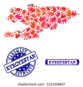 Handmade craft combination of mosaic map of Kyrgyzstan and rubber seals. Mosaic map of Kyrgyzstan constructed with red hands. Vector blue seals with scratched rubber texture.