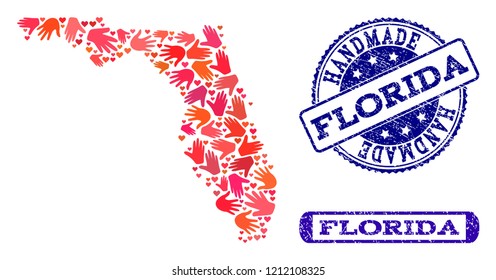Handmade craft combination of mosaic map of Florida State and scratched seals. Mosaic map of Florida State designed with red hands. Vector blue seals with unclean rubber texture.