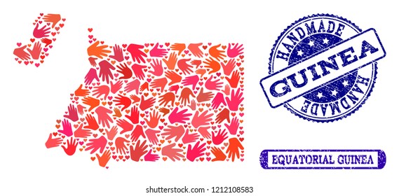 Handmade craft combination of mosaic map of Equatorial Guinea and rubber seal stamps. Mosaic map of Equatorial Guinea designed with red hands. Vector blue imprints with corroded rubber texture.