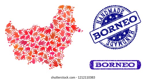 Handmade craft combination of mosaic map of Borneo Island and rubber seals. Mosaic map of Borneo Island designed with red hands. Vector blue imprints with scratched rubber texture.