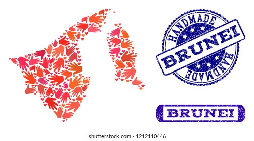 Handmade craft combination of mosaic map of Brunei and rubber seals. Mosaic map of Brunei constructed with red hands. Vector blue seals with unclean rubber texture.