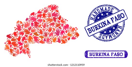 Handmade craft combination of mosaic map of Burkina Faso and rubber seal stamps. Mosaic map of Burkina Faso designed with red hands. Vector blue seals with scratched rubber texture.