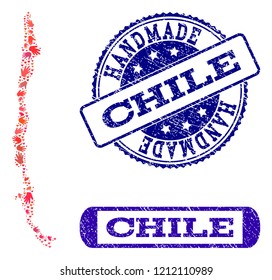 Handmade craft combination of mosaic map of Chile and rubber seals. Mosaic map of Chile constructed with red hands. Vector blue seals with grunge rubber texture. Flat design for hand made posters.