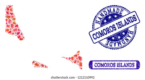 Handmade craft combination of mosaic map of Comoros Islands and rubber seal stamps. Mosaic map of Comoros Islands constructed with red hands. Vector blue seals with retro rubber texture.