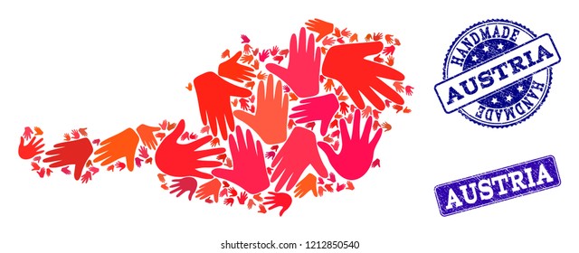 Handmade craft combination of mosaic map of Austria and rubber stamps. Mosaic map of Austria designed with red hands. Vector blue seals with distress rubber texture.