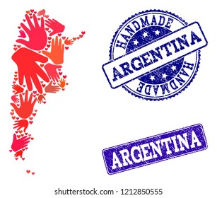 Handmade craft combination of mosaic map of Argentina and rubber seals. Mosaic map of Argentina designed with red hands. Vector blue seals with retro rubber texture.